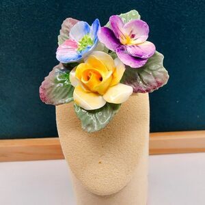Bone China Flowers Brooch England 1950s Primroses Blue Purple Yellow